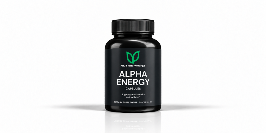 Front-facing Alpha Energy dietary supplement bottle on a white background.