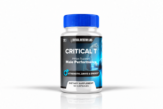 Front-facing Critical T male performance supplement bottle on a white background.