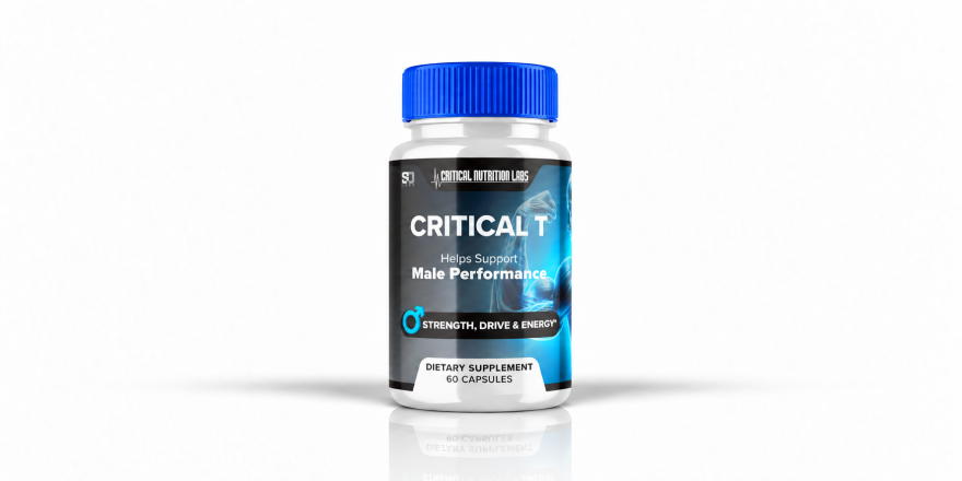 Front-facing Critical T male performance supplement bottle on a white background.