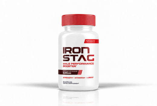 Front-facing Iron Stag male performance booster bottle on a white background.