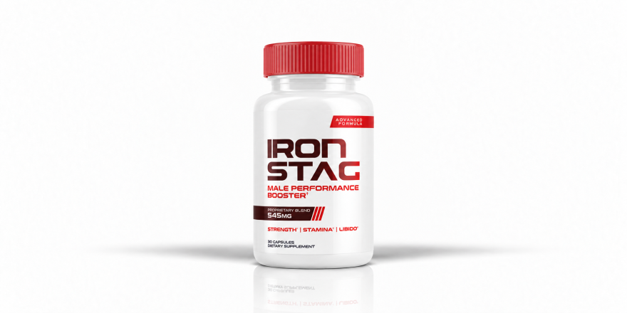 Front-facing Iron Stag male performance booster bottle on a white background.