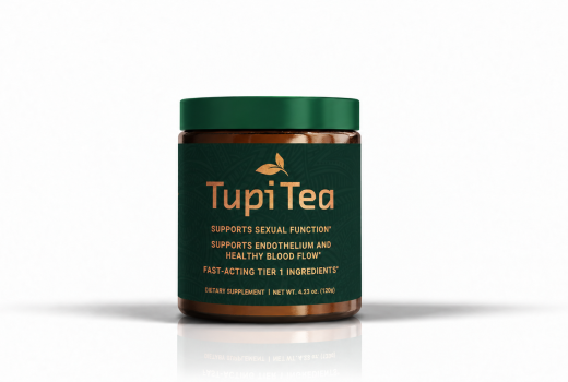 Front-facing Tupi Tea dietary supplement bottle centered on a white background.