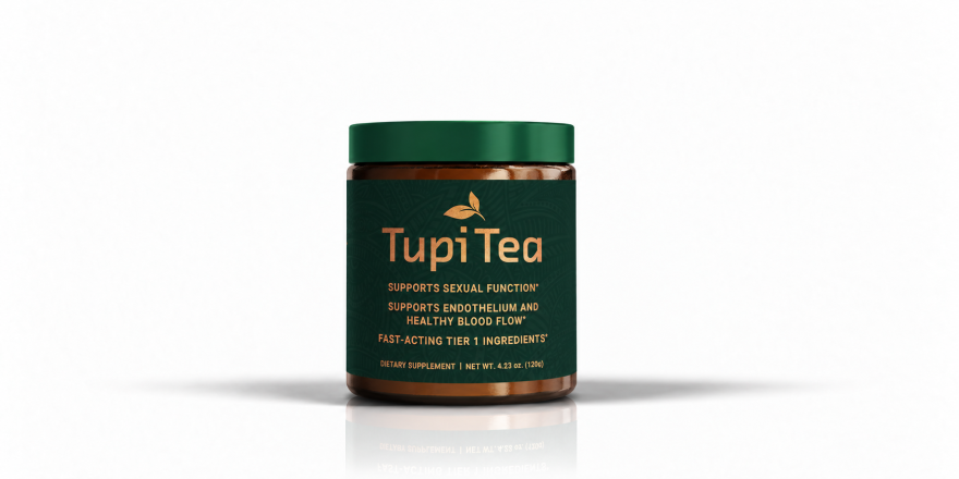 Front-facing Tupi Tea dietary supplement bottle centered on a white background.