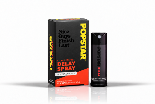 PopStar Delay Spray box and bottle centered on a white background.