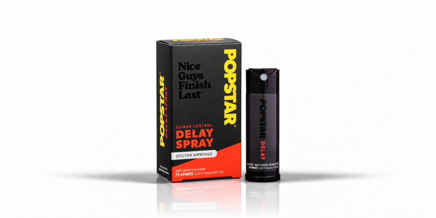 PopStar Delay Spray box and bottle centered on a white background.