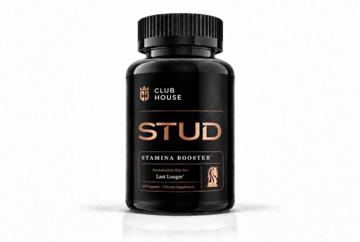 Front-facing STUD Performance Stamina Booster supplement bottle on a white background.