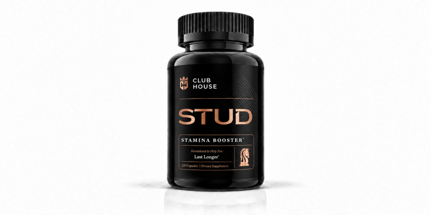 Front-facing STUD Performance Stamina Booster supplement bottle on a white background.