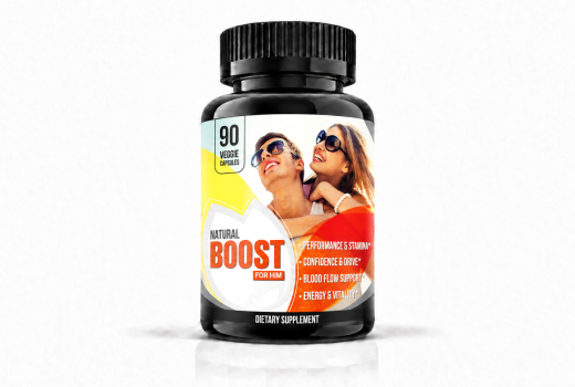 Front-facing Boost for Him dietary supplement bottle on a white background.