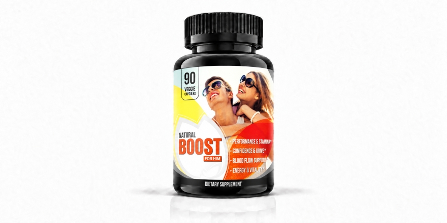 Front-facing Boost for Him dietary supplement bottle on a white background.