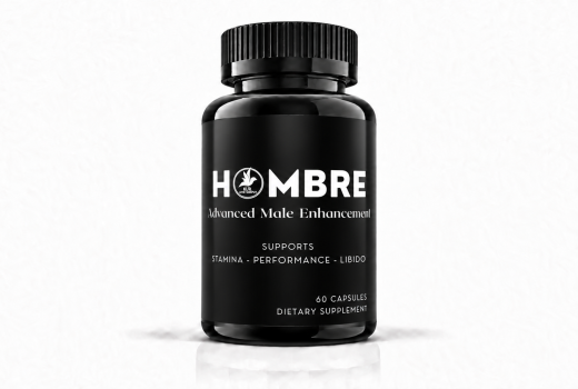 Front-facing Hombre Advanced Male Enhancement supplement bottle on a white background.