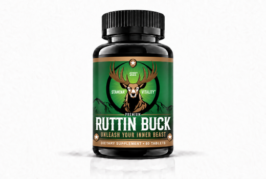 Front-facing Ruttin Buck male performance supplement bottle on a white background.