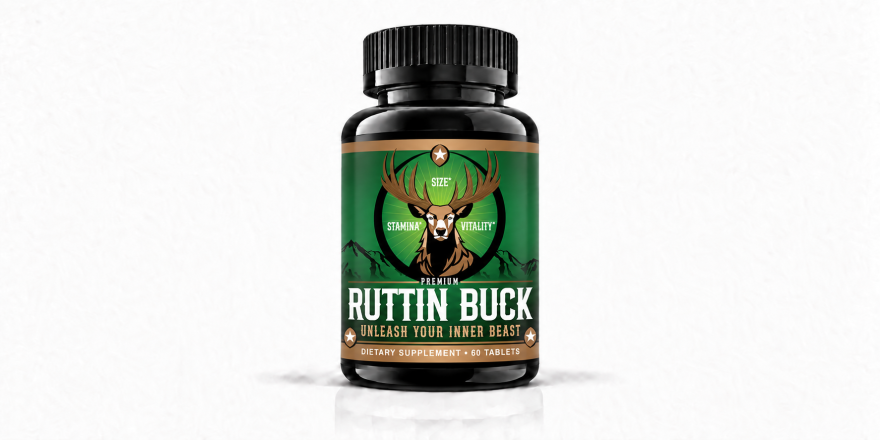 Front-facing Ruttin Buck male performance supplement bottle on a white background.