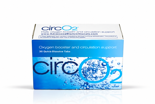 Front-facing CircO2 oxygen booster and circulation support tablets box on a white background.