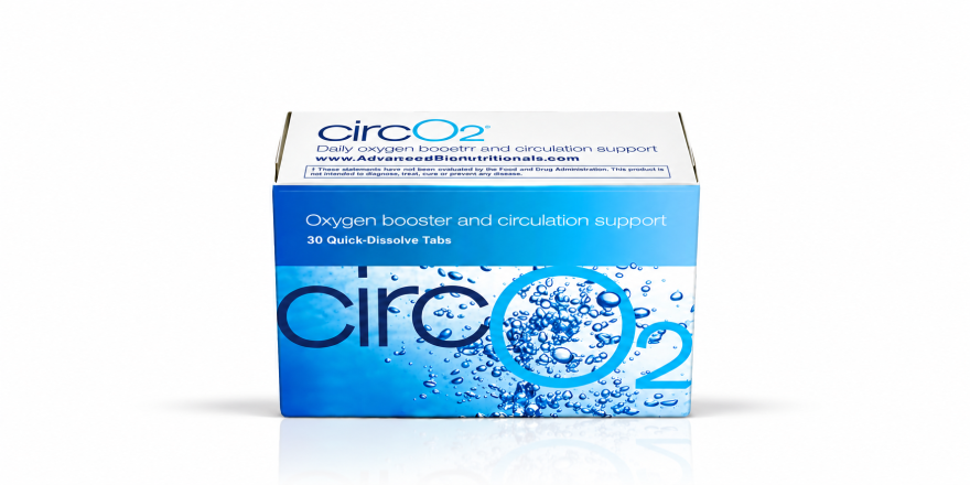 Front-facing CircO2 oxygen booster and circulation support tablets box on a white background.