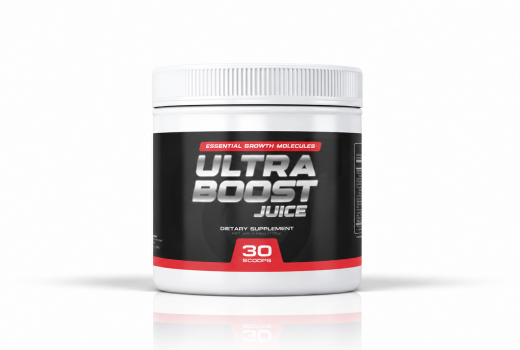 Front-facing Ultra Boost Juice dietary supplement powder tub on a white background.