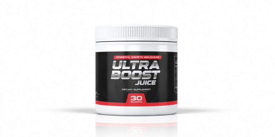 Front-facing Ultra Boost Juice dietary supplement powder tub on a white background.