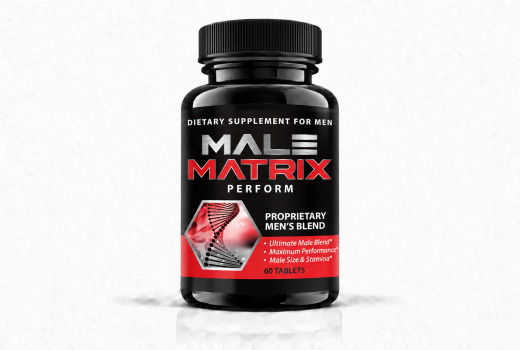 Front-facing Male Matrix Perform supplement bottle on a white background.