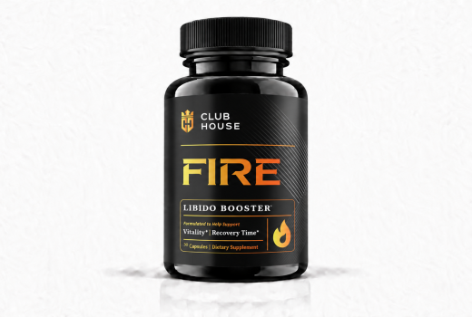 Front-facing Club House FIRE libido booster supplement bottle on a white background.