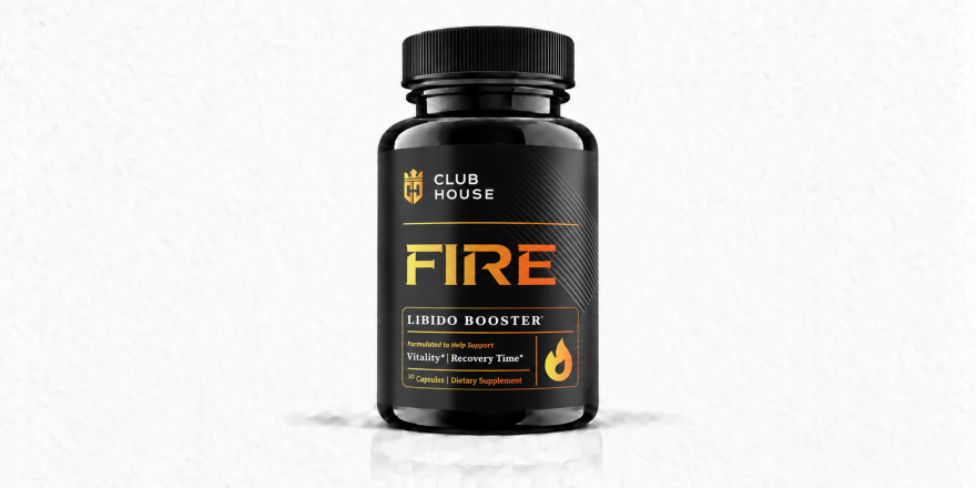 Front-facing Club House FIRE libido booster supplement bottle on a white background.