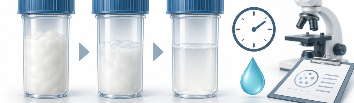 Clinical illustration showing a semen sample becoming more fluid over time