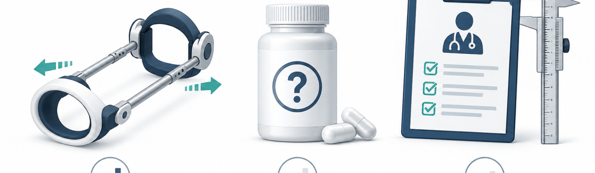 llustration comparing a traction device, enlargement supplements and medical evaluation