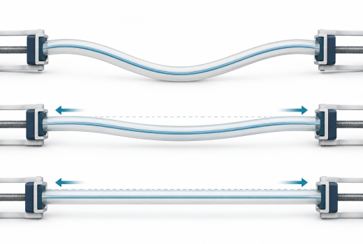 Illustration of controlled traction gradually straightening a curved structure