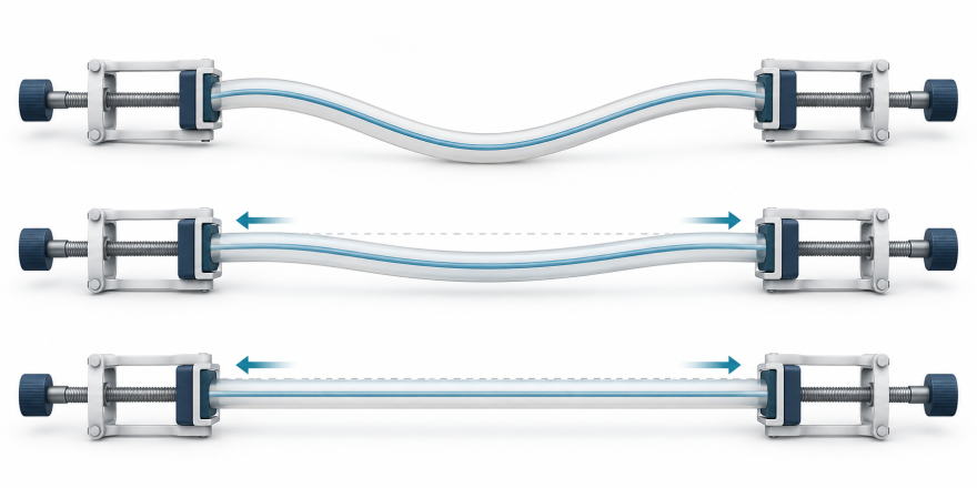 Illustration of controlled traction gradually straightening a curved structure