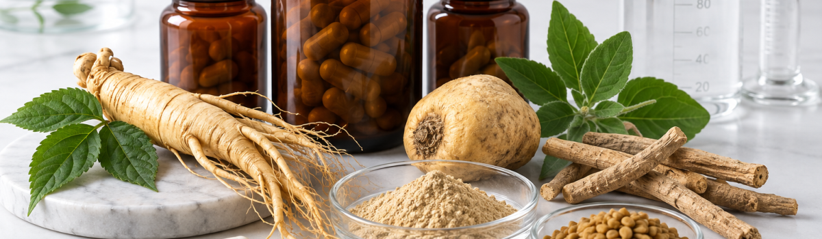 Male enhancement supplements with ginseng, maca, ashwagandha, fenugreek, and laboratory glassware