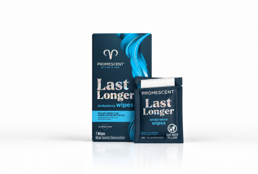 Promescent Last Longer Endurance Wipes 7-wipe package and individual delay wipe sachet.
