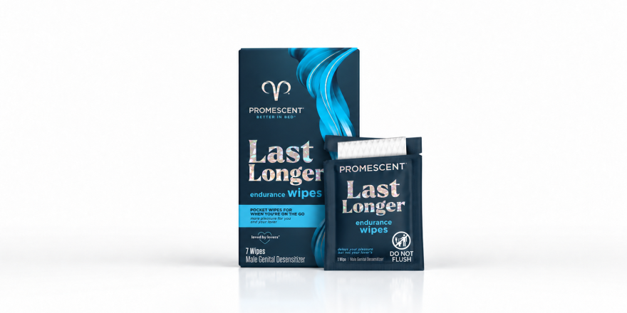 Promescent Last Longer Endurance Wipes 7-wipe package and individual delay wipe sachet.