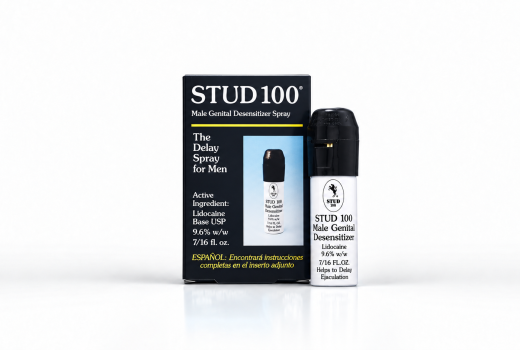 STUD 100 Delay Spray box and bottle containing 9.6% lidocaine desensitizing spray.