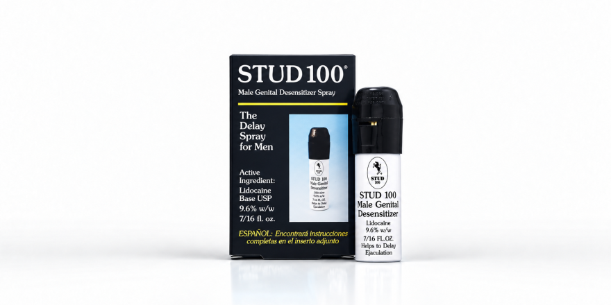 STUD 100 Delay Spray box and bottle containing 9.6% lidocaine desensitizing spray.