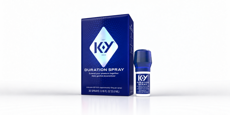 K‑Y Duration Delay Spray blue carton and bottle on a white studio background.