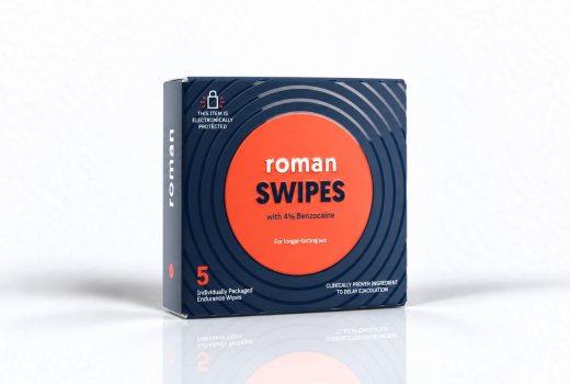 Roman Swipes 4% benzocaine endurance wipes package on a white studio background