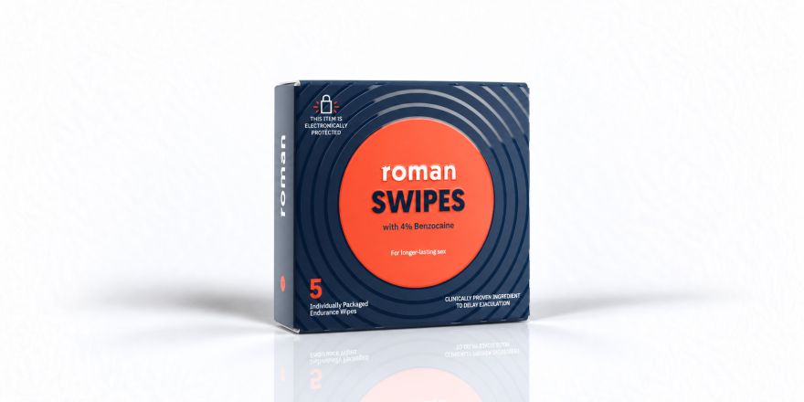Roman Swipes 4% benzocaine endurance wipes package on a white studio background