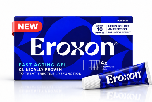 Blue Eroxon fast-acting gel box with a single-dose tube in front on a white background.