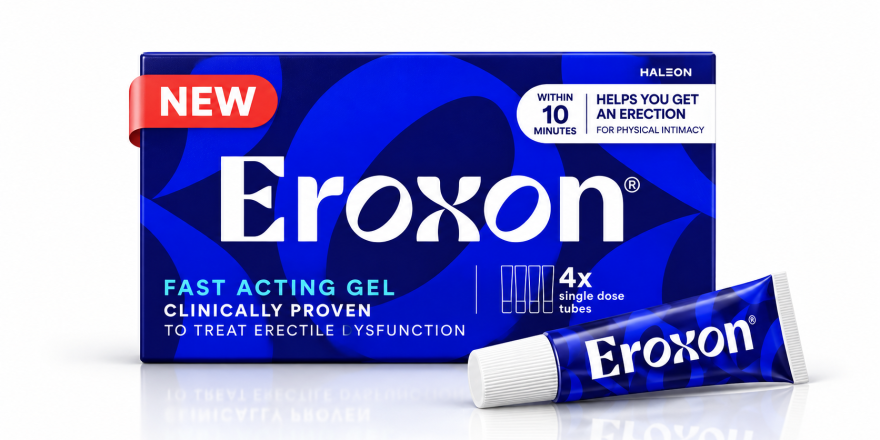 Blue Eroxon fast-acting gel box with a single-dose tube in front on a white background.