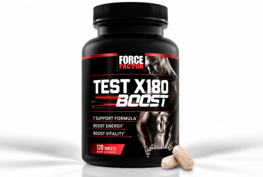 Force Factor Test X180 Boost testosterone booster supplement, black bottle with red and white label, 120 tablets.