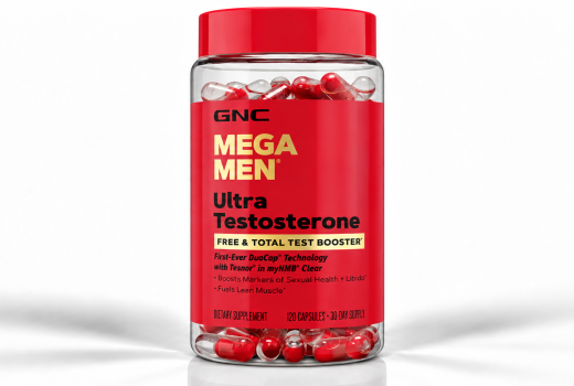 GNC Mega Men Ultra Testosterone supplement bottle with red cap and label, containing 120 red-and-clear capsules.