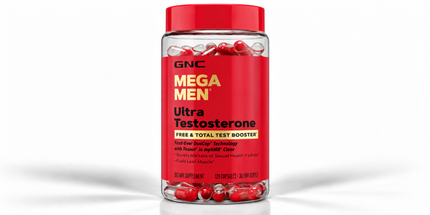 GNC Mega Men Ultra Testosterone supplement bottle with red cap and label, containing 120 red-and-clear capsules.