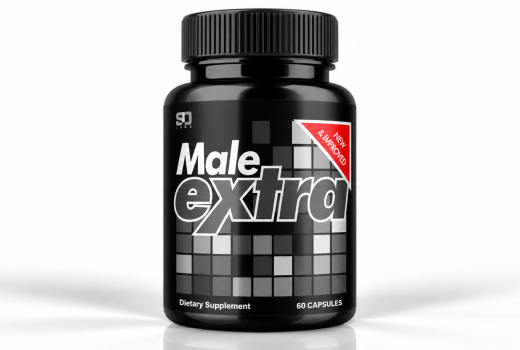 Male Extra male enhancement supplement bottle with 60 capsules on a white background.