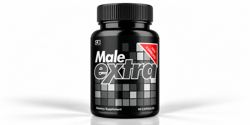 Male Extra male enhancement supplement bottle with 60 capsules on a white background.