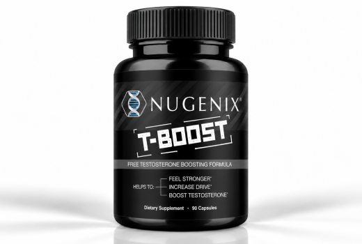 Nugenix T-Booster testosterone support supplement in a black 90-capsule bottle with white T-BOOST lettering and blue DNA logo, photographed against a clean white studio background.