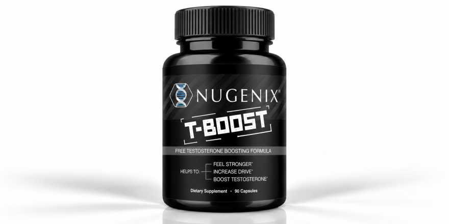 Nugenix T-Booster testosterone support supplement in a black 90-capsule bottle with white T-BOOST lettering and blue DNA logo, photographed against a clean white studio background.