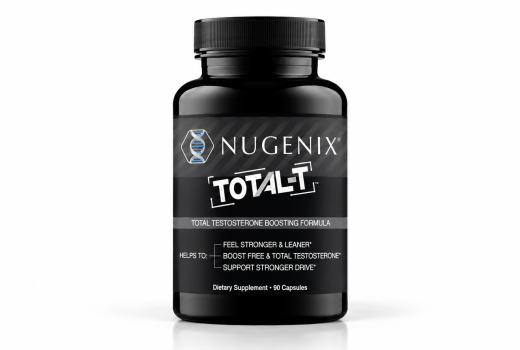Nugenix Total-T testosterone booster supplement in a black 90-capsule bottle with blue DNA logo, silver NUGENIX branding, and white TOTAL-T label, photographed against a clean white background.