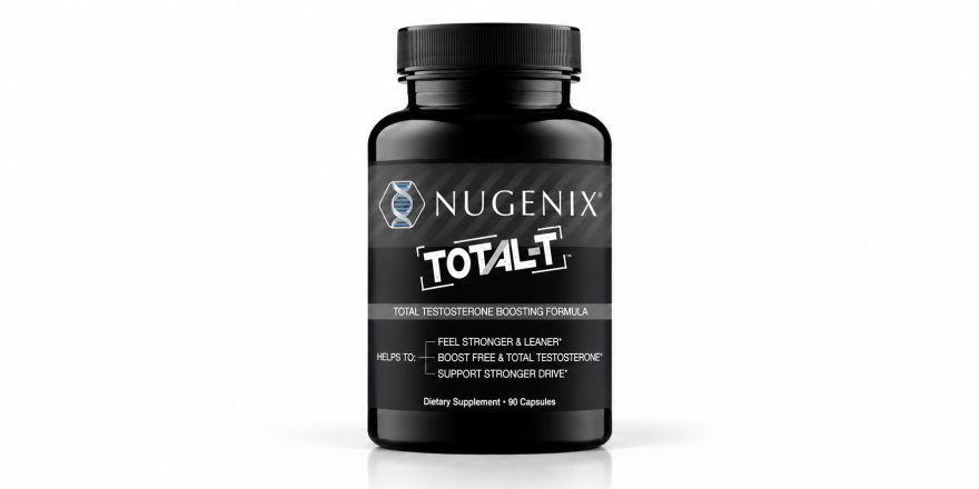 Nugenix Total-T testosterone booster supplement in a black 90-capsule bottle with blue DNA logo, silver NUGENIX branding, and white TOTAL-T label, photographed against a clean white background.