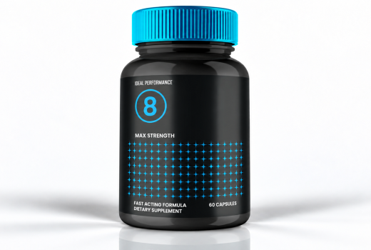 One Performer 8 supplement bottle with a blue cap and black label on a white background.