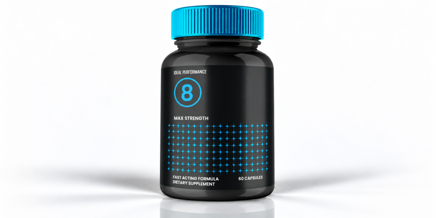 One Performer 8 supplement bottle with a blue cap and black label on a white background.