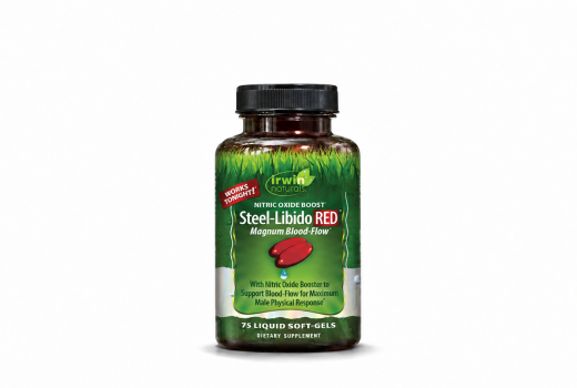 Irwin Naturals Steel-Libido RED nitric-oxide supplement bottle on a white background
