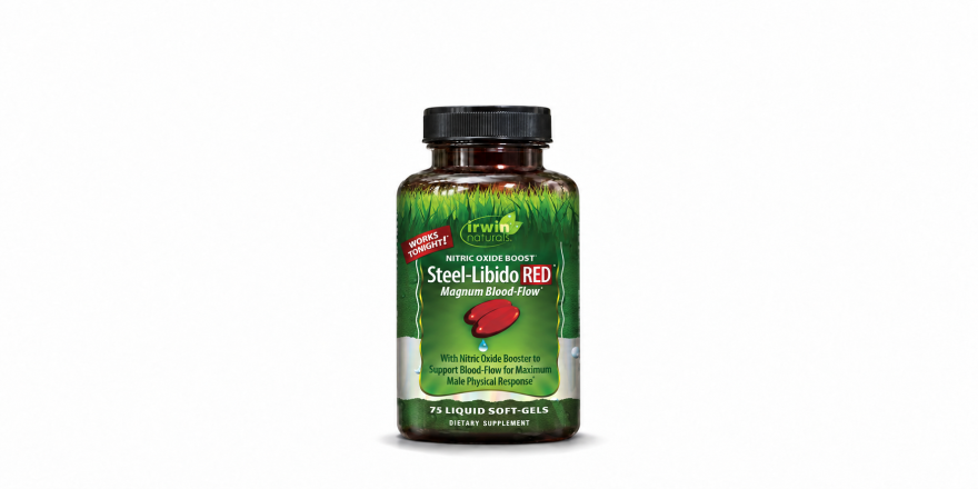 Irwin Naturals Steel-Libido RED nitric-oxide supplement bottle on a white background
